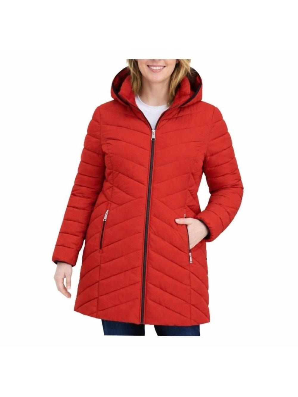 DKNY Women's L Red Hooded Chevron Quilted Puffer Coat With Zipper Pockets jck211